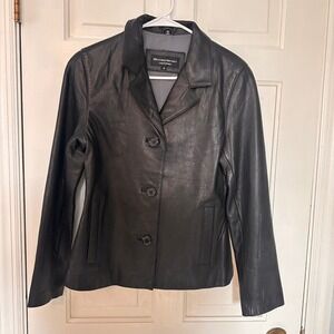 Beyond Sport‎ Black Leather Blazer Jacket Button Front Career Black Size M